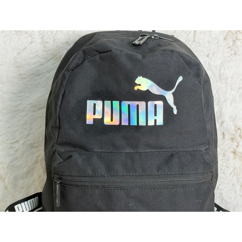 Puma Mini Backpack Black Iridescent Holographic Logo Branded Straps PV1615